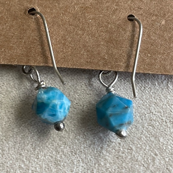 Natural Blue Apatite Sterling Silver Wire Wrapped Dainty Drop Earrings –Handmade - Picture 6 of 6